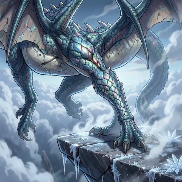 A dragon with a visible wing deformity stands on a frost-covered stone ledge high above the clouds.