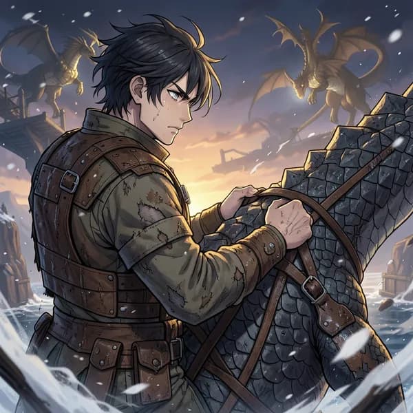 A young man in tattered flight gear mounts his dragon, looking toward the horizon with defiance.