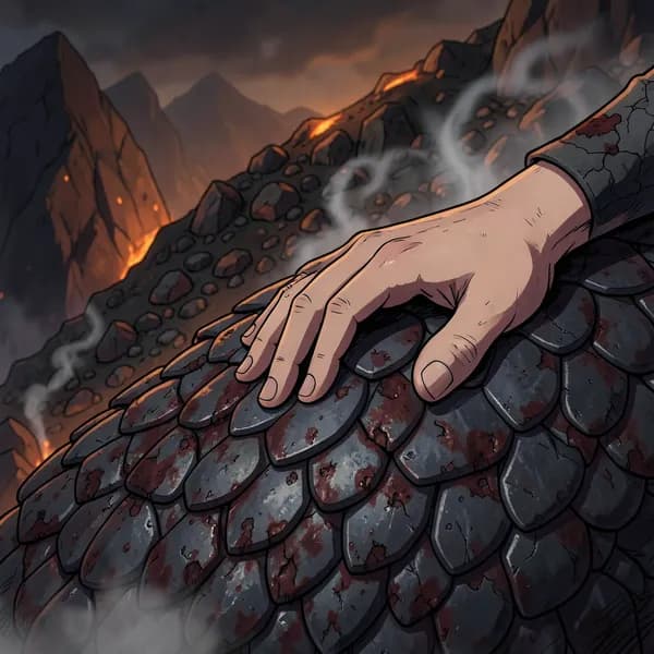 A human hand rests on massive, bruised dragon scales on a rocky mountainside.