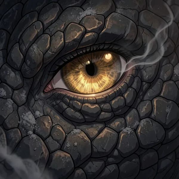 A close-up of a dragon's eye with a dimming golden iris, surrounded by dark, dusty scales.