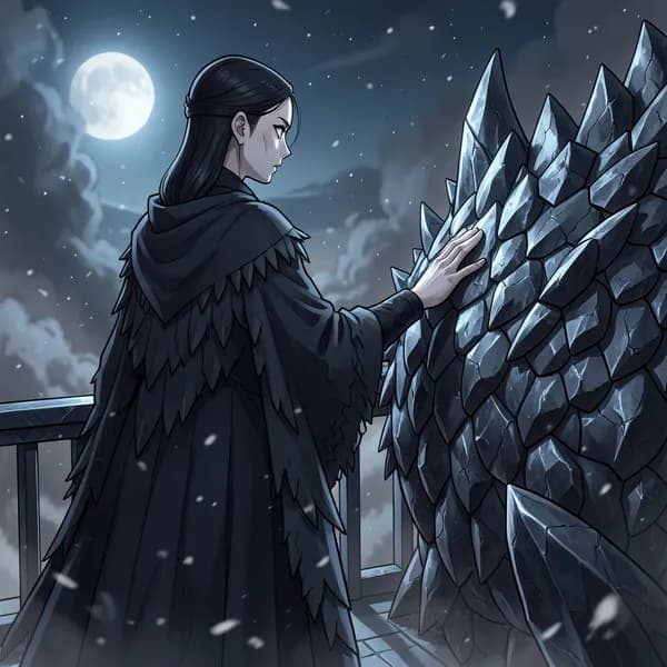 A woman in a dark, heavy mantle stands on a balcony, her hand resting on a dragon's cold, jagged scales.
