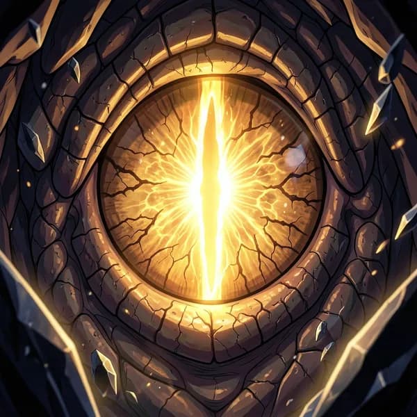 A massive dragon eye with a vertical slit pupil opens, glowing with molten golden light.