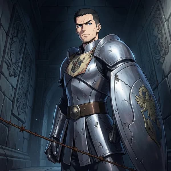 A knight in dented steel armor stands alone in a dark, cavernous hallway, looking wary and arrogant.