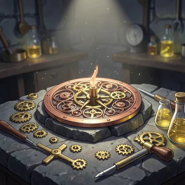 A close-up of a copper-filigreed pressure plate on a stone workbench, surrounded by brass gears and alchemical oils.