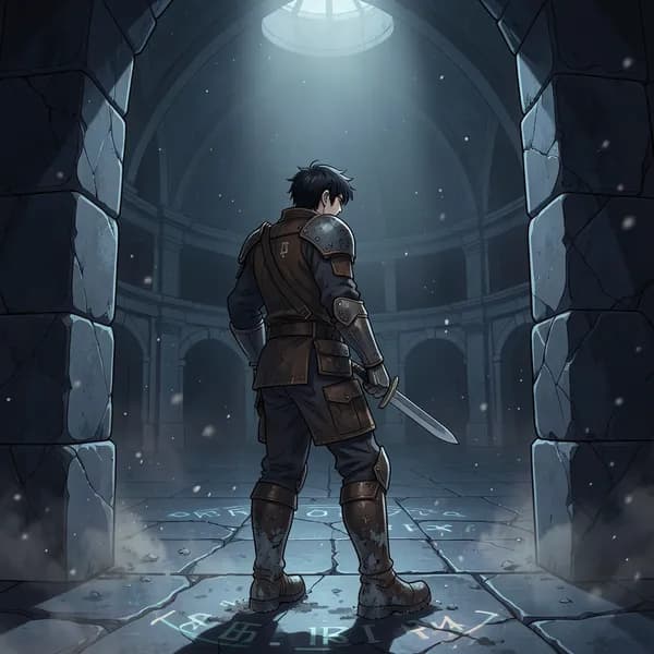 A mercenary stands at the entrance of a dark, ancient arena, hand on his sword, looking into the vast, dusty expanse.