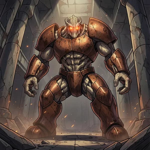 A hulking, rusted bronze construct with glowing orange eyes and a serrated blade looms in the shadows of the arena.