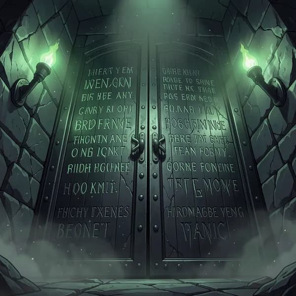 Imposing black iron double doors etched with warnings, standing in a dark, basalt dungeon corridor.