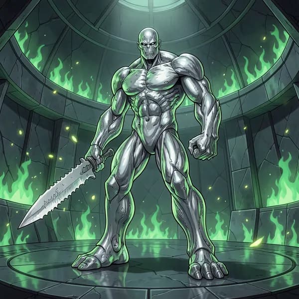 A towering, liquid-metal sentinel construct standing in a circular chamber lit by emerald flames.