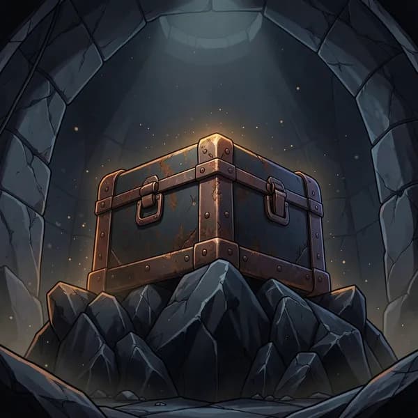 A rusted iron-bound chest pulses with amber light atop a black obsidian altar in a dark, dusty dungeon vault.