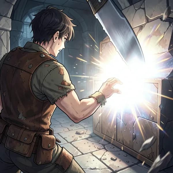 A desperate scavenger reaching for a glowing chest as a massive serrated blade swings from the ceiling.