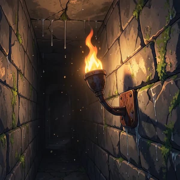 A flickering torch mounted on a damp, crumbling stone wall in a dark, narrow subterranean corridor.