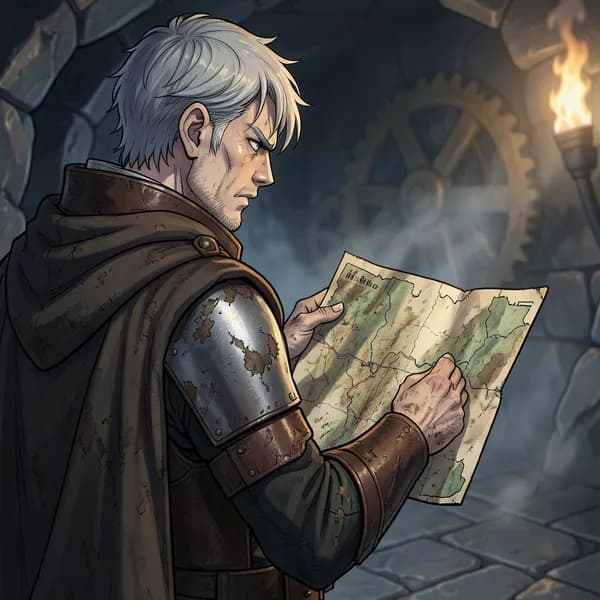 A weary mercenary captain studying a mud-stained map in a dark dungeon.