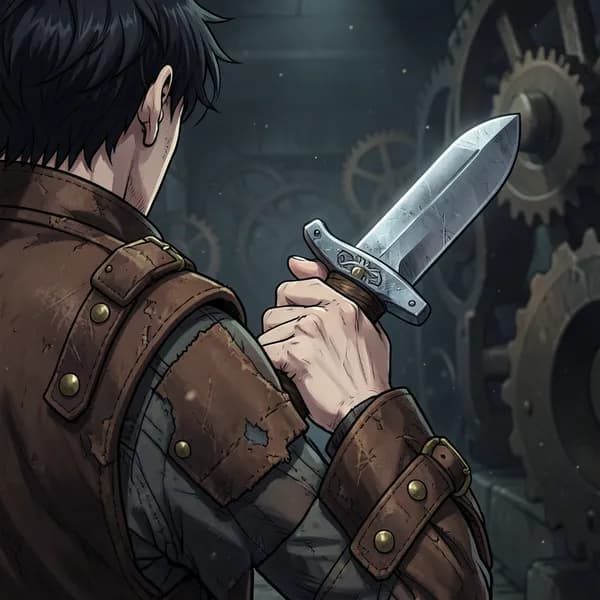 A close-up of a scavenger's hand gripping a sword hilt tightly in a dark, industrial dungeon.