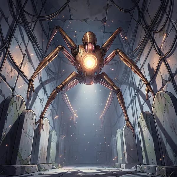 A hovering mechanical construct with a pulsing core patrols a narrow, dusty stone corridor.