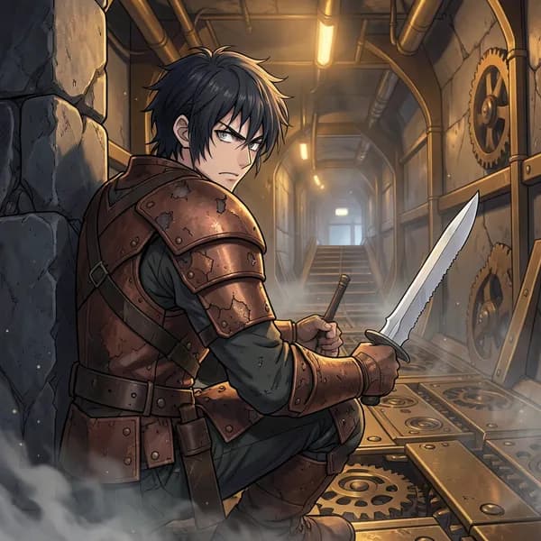 A rugged scavenger crouches behind a stone pillar, dagger in hand, watching a bridge.