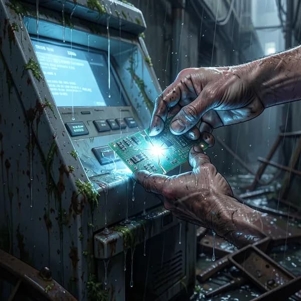 Grimy hands prying a glowing circuit board from a rusted terminal in a dark, wet alleyway.
