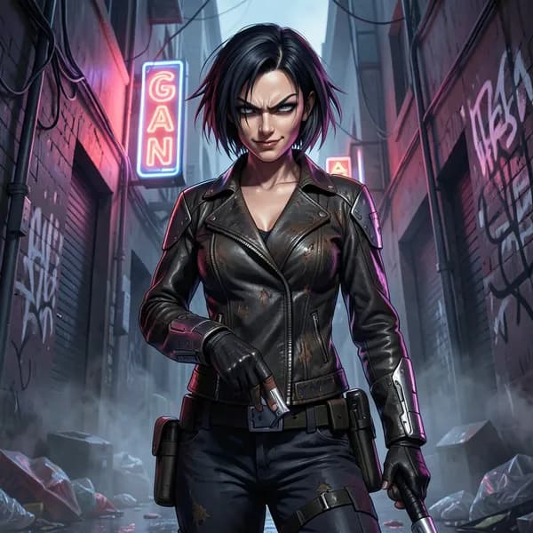A menacing woman in tactical gear standing in a narrow alley, hand resting on a shock-baton.