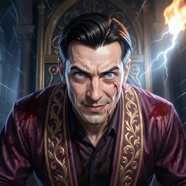 A close-up of a man with vacant eyes and opulent robes, appearing menacing.