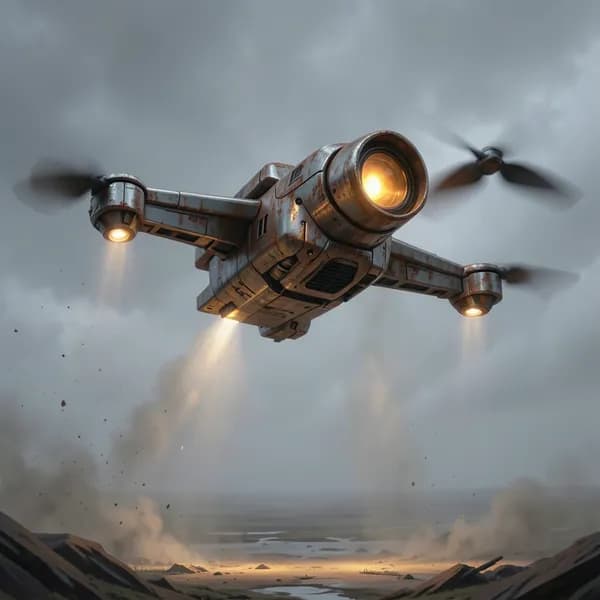 A menacing mechanical patrol drone hovering in the hazy sky above the wasteland.