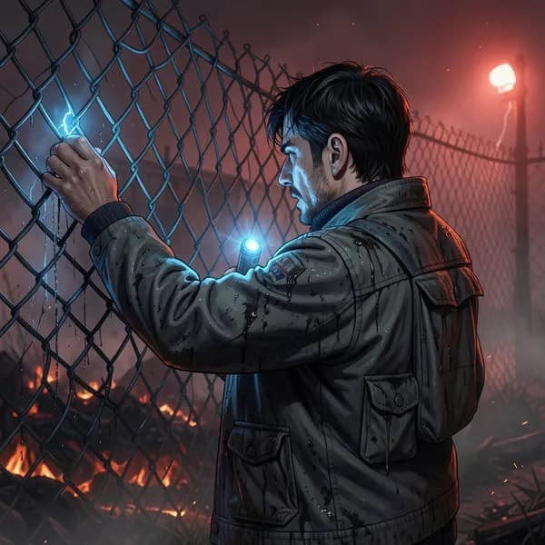 A man in a worn utility jacket grips an electrified fence, holding a flickering blue pulse-emitter key.