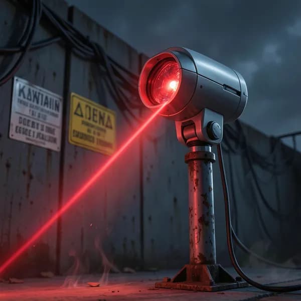 A sleek, automated security turret with a glowing red laser scanner mounted on a rusted pole.