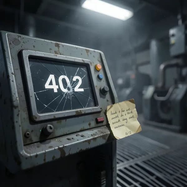 A close-up of a weathered industrial control console with a cracked monitor displaying the number 402 in stark, clinical white text.