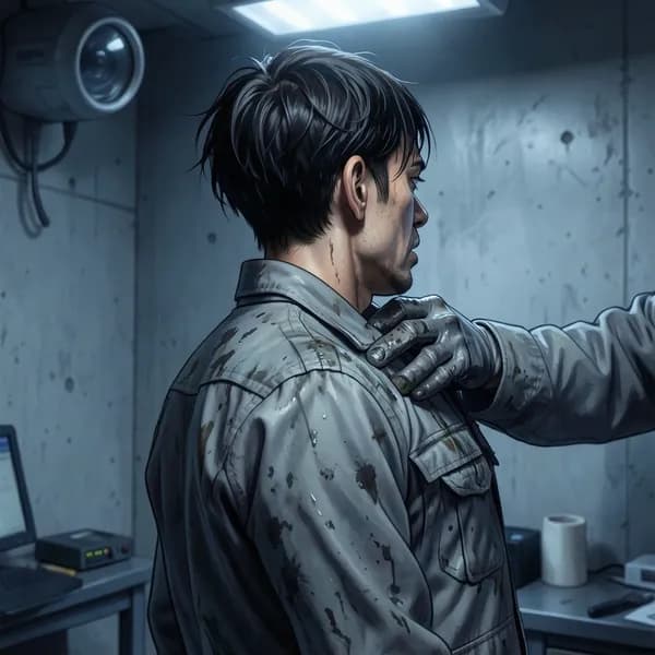 A factory laborer stands stiffly at his station, looking down with a tense expression as a gloved hand rests on his shoulder.