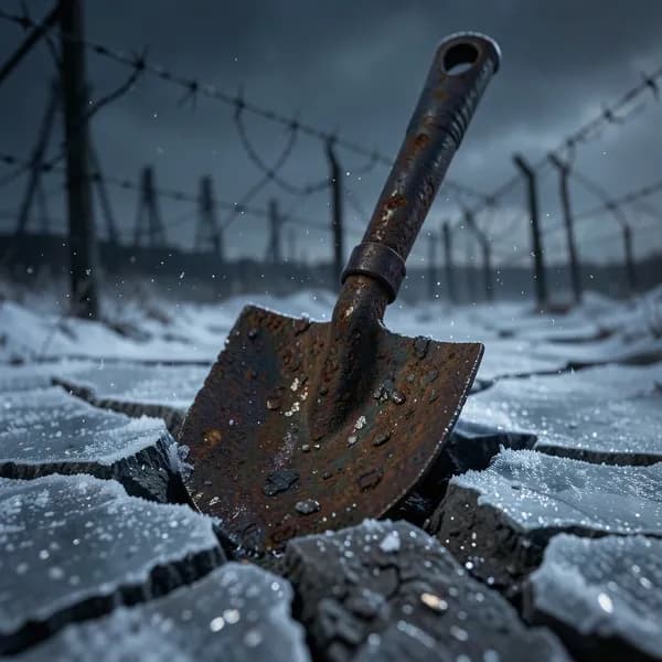 A rusted, worn-down iron spade embedded in frozen, cracked earth near a razor wire fence.