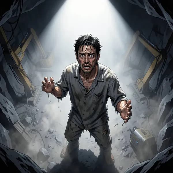 A gaunt, malnourished laborer standing in the center of a blinding, harsh spotlight.