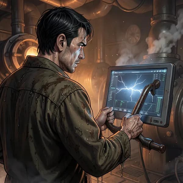 A weary engine-tender with trembling, grease-stained hands grips a vibrating lever while watching a glowing monitor in a dark, industrial plant.