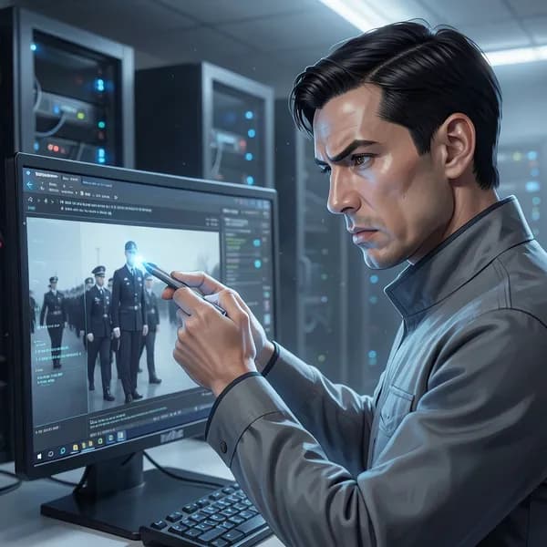 A man's hand holding a digital stylus over a screen, preparing to erase a figure from a photograph.
