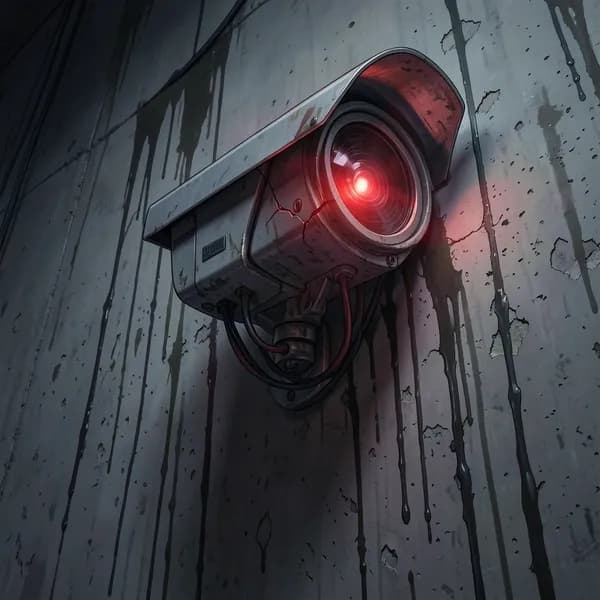 A rusted security camera mounted on a cracked concrete wall, its lens glowing with an ominous, faint red light.