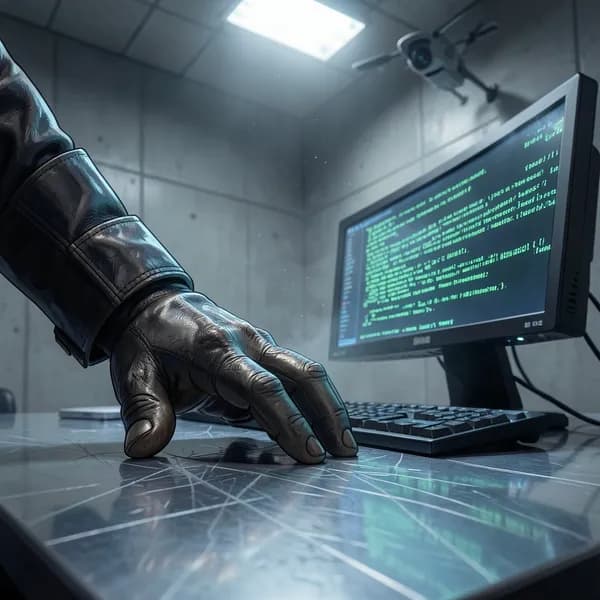 A heavy, gloved hand slams onto a metal desk next to a flickering computer terminal in a dark, brutalist office.