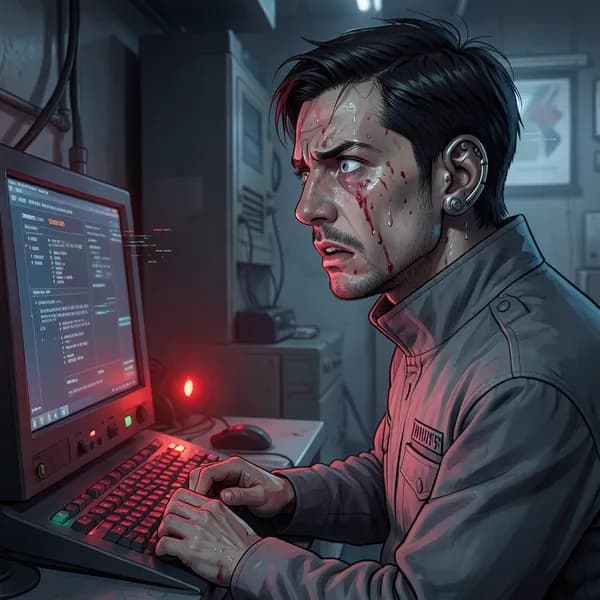 A man with a prosthetic ear looks terrified as a red warning light reflects on his face in a dark office.