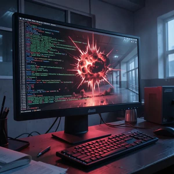 A computer monitor displaying corrupted data with a jagged, crimson-colored glitch forming the shape of an explosion.
