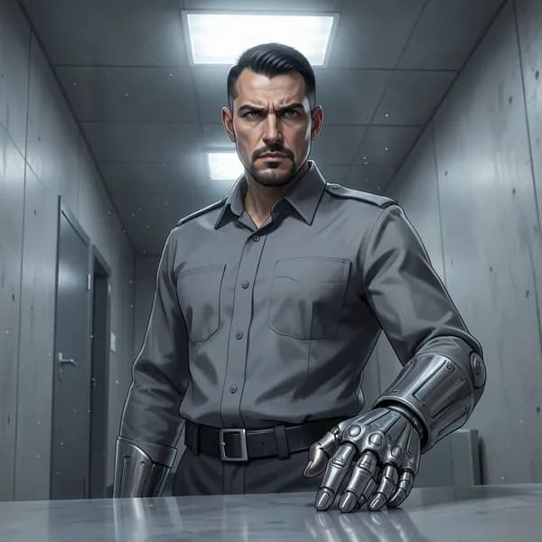 An imposing overseer with a metallic prosthetic hand standing in a sterile, dimly lit hallway.
