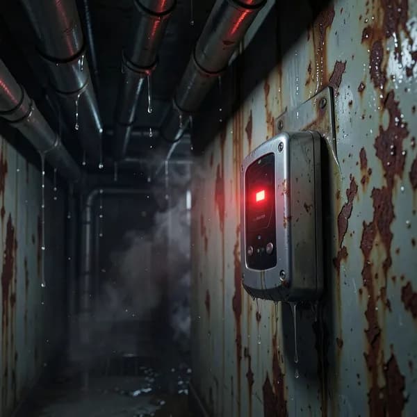 A close-up of a rusted biometric scanner on a damp wall, with a red light glowing in the dark.