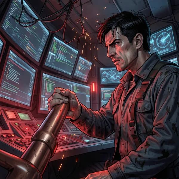 A man's hand gripping a heavy copper lever in a high-tech control room.
