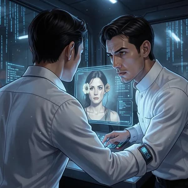 A technician in a white uniform stares at a glowing console showing a woman holding a wilted flower.