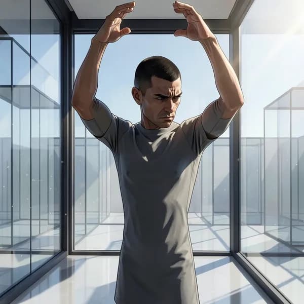 A man in a grey uniform performing synchronized exercises in a glass room.