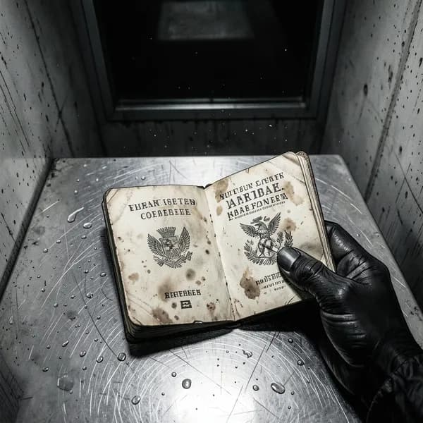 A weathered passport held open by a gloved hand under harsh, flickering light at a border desk.