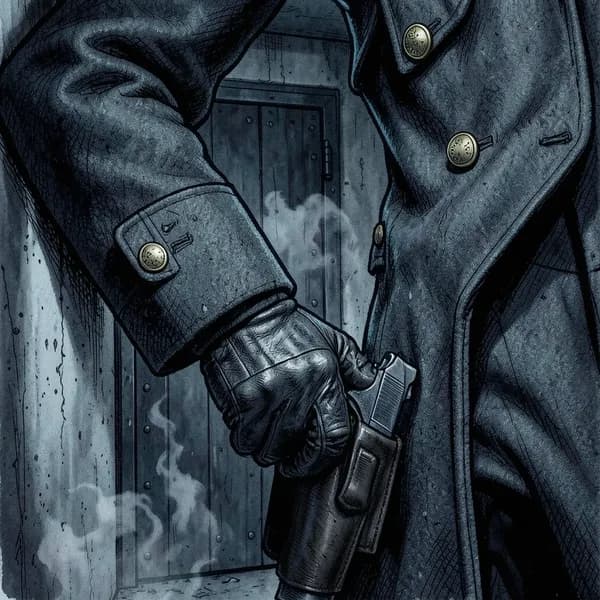 A stern guard in a military uniform with a hand resting on a sidearm holster.