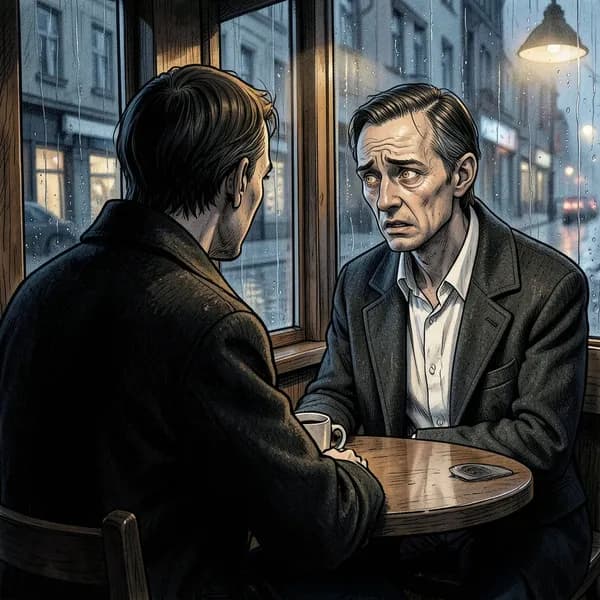 A weary man in his forties sitting alone at a cafe table, looking out a rain-streaked window.