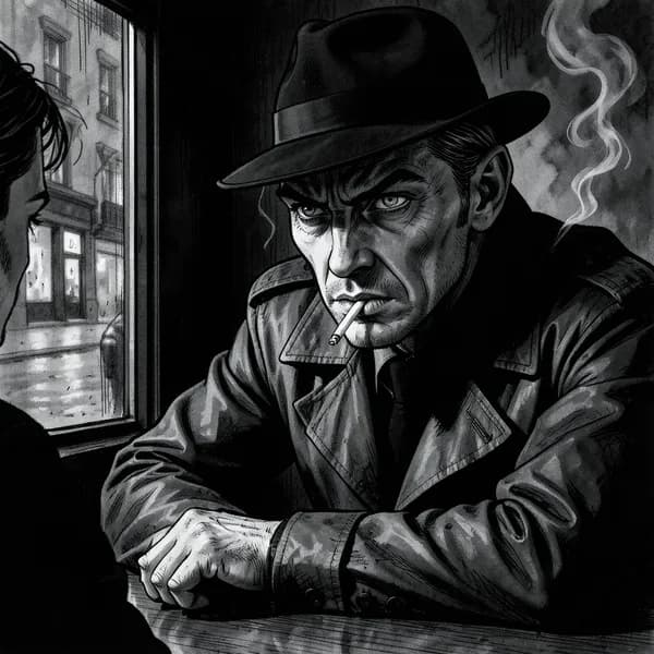 A sharp-featured man in a trench coat leaning forward with a menacing expression.