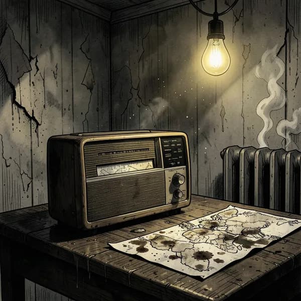 A vintage 1960s shortwave radio on a desk with a hidden microfilm canister visible.