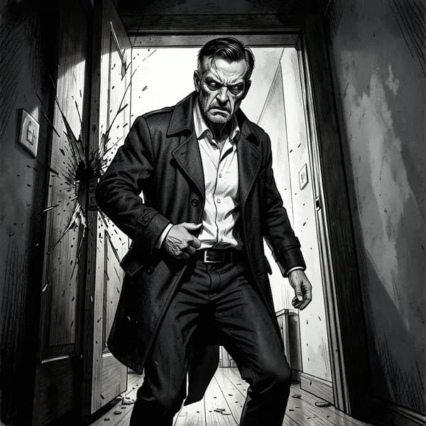A man in a trench coat looking back at a splintering wooden door.