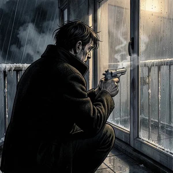 A weary operative crouched on a freezing balcony, holding a suppressed pistol while peering through glass at a gala.