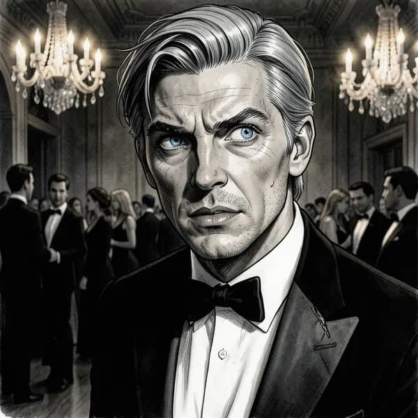 A middle-aged man in a tuxedo looking toward a dark balcony with a look of chilling recognition.