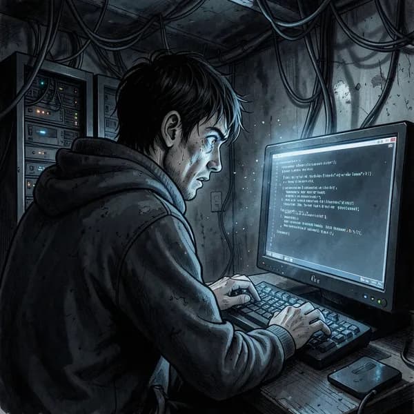 A man hunched over a glowing computer terminal in a dark basement, his face illuminated by blue lines of code.