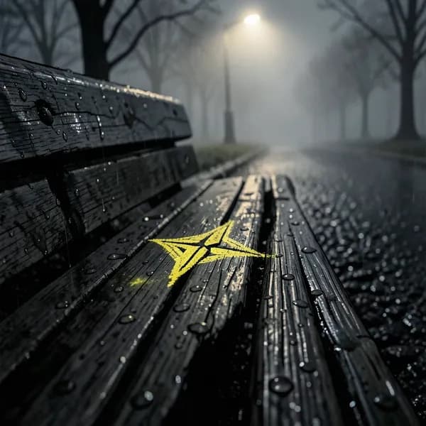 A yellow chalk mark shaped like a fractured compass on a damp, weathered park bench slat.